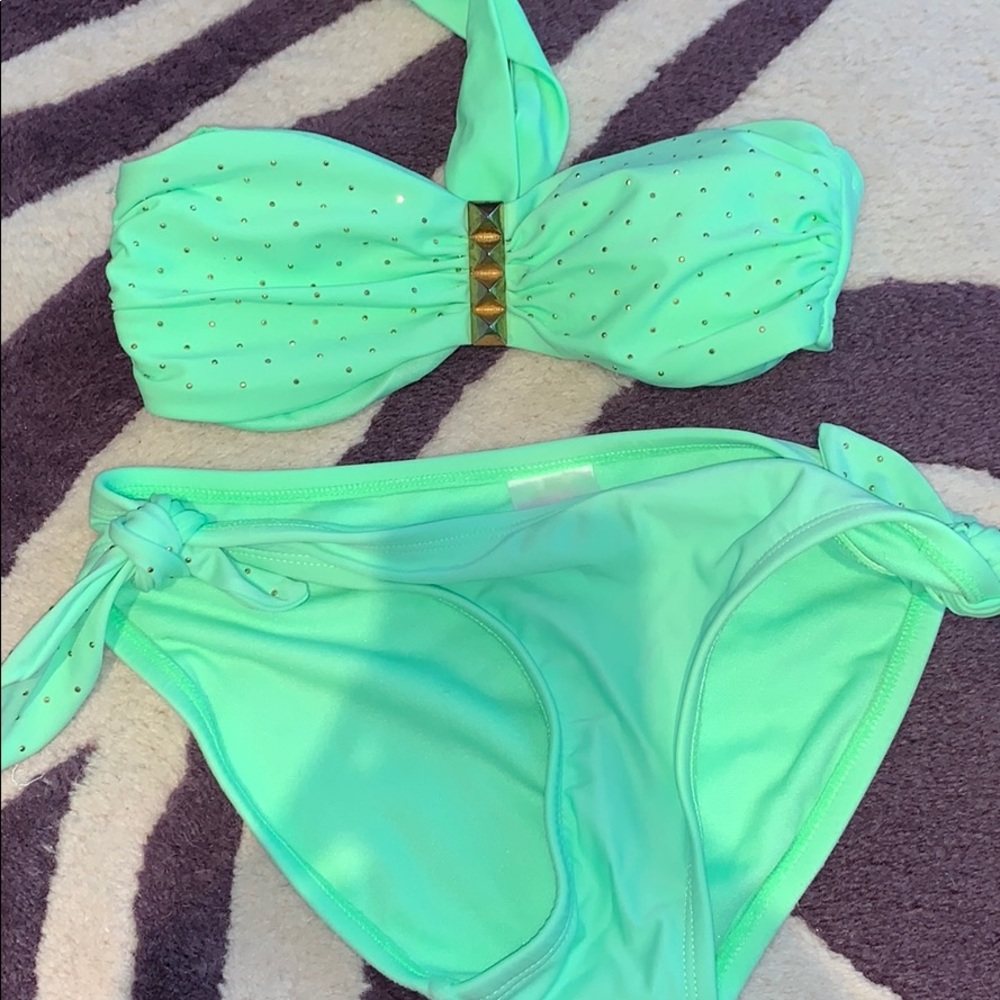Mint green bikini set with gold embellishments
